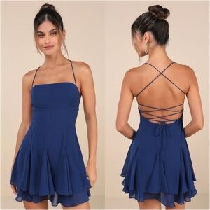 LULU’S Perfected Sweetness Dark Blue Pleated Tiered Lace Up Mini Dress